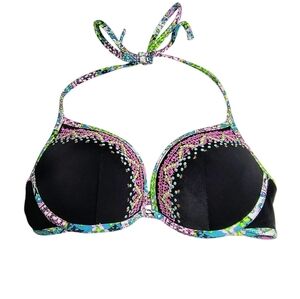 Victoria's Secret Black and Pink Sequin Push Up Halter Bikini 32C